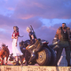 Final Fantasy VII Remake's heroes stand at the edge of a highway looking out at a sunset.
